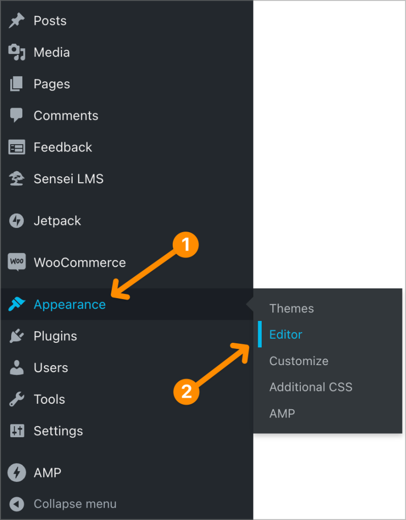 Screenshot showing how to open the site editor from the the Appearance → Editor menu.
